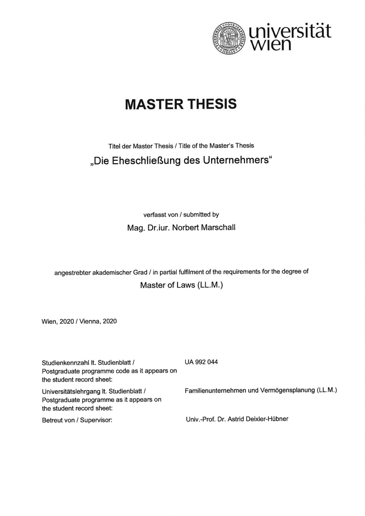 Cover Masterthesis von Mag. Dr.jur. Norbert Marschall, Universität Wien, 2020